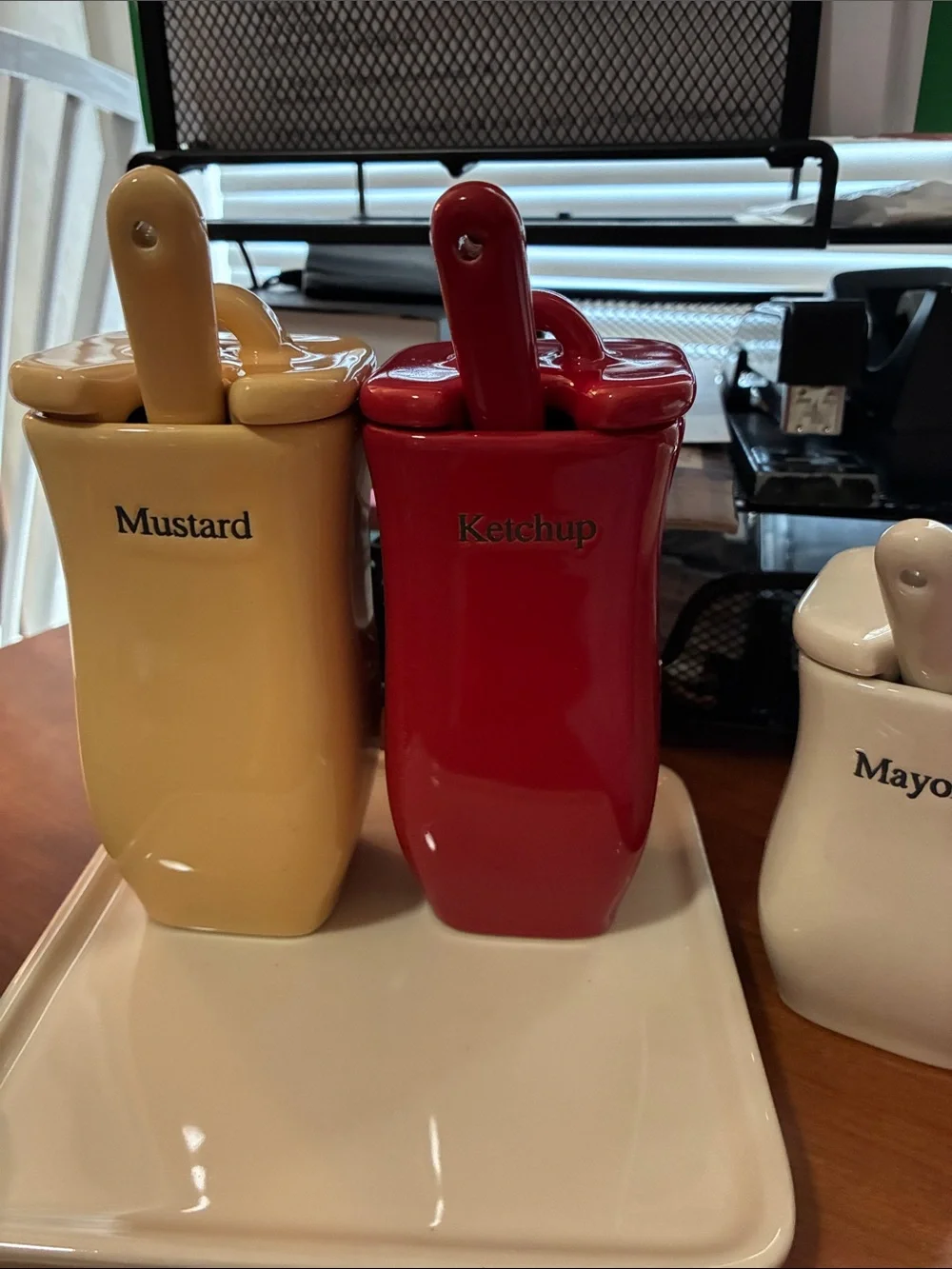 Longaberger Ceramic Condiment Set in Green, Cream, Yellow & Red. New, not used.